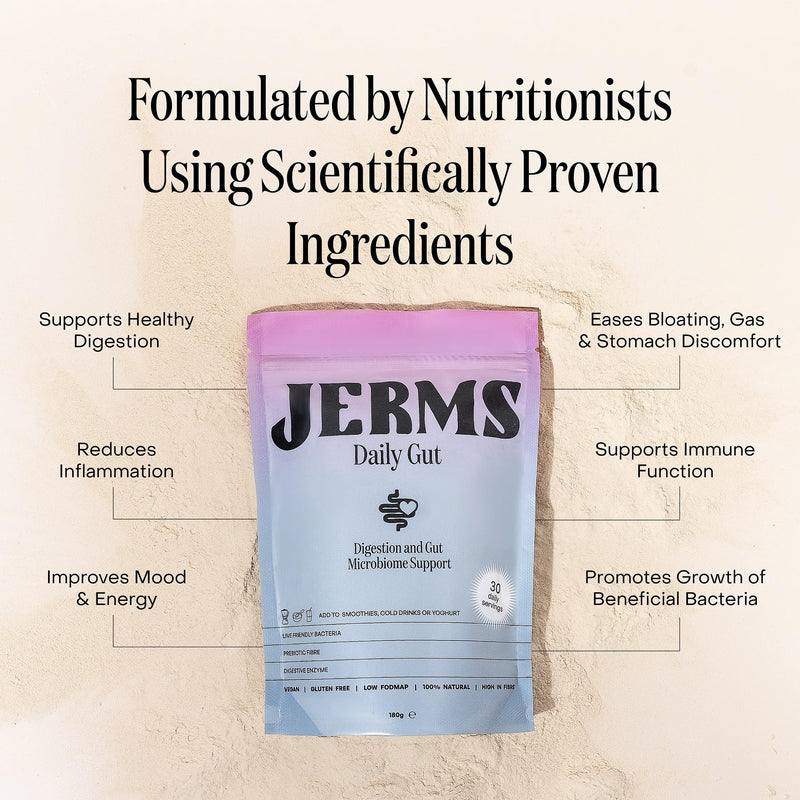 JERMS Daily Gut Probiotic Powder 10 Billion CFU Prebiotic Fibre with Digestive Enzymes + Organic Superfoods 30 Servings - 100% Natural Vegan Gluten Free Gut Health Support Ease Bloating - BeesActive Australia