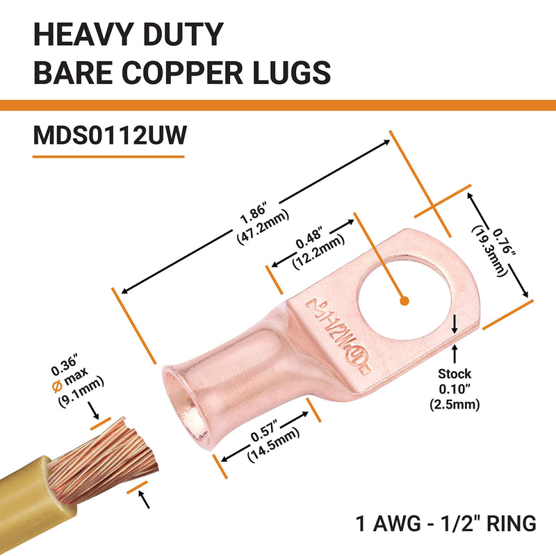SELTERM 1 AWG 1/2" Stud (2 pcs.) UL Heavy Duty Battery Ring Terminal 1 Gauge Connector, Tubular Electrical Wire End Cable Lugs, Bare Copper Eyelets [B61], MD0112UW / MDS0112UW 1 Awg - 1/2" (M12) Ring Pack of 2 pcs. - BeesActive Australia