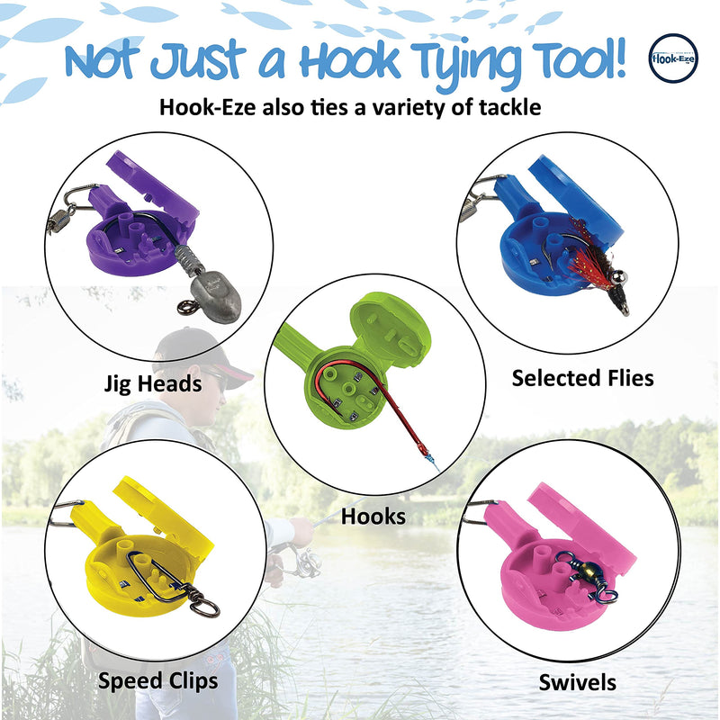 HOOK-EZE Fishing Gear Knot Tying Tool for Hooks Jigs Swivels | Line Cutter |Cover Hooks on Fishing Poles Travel Safely Fully Rigged. Ideal for Bass Ice Kayak Fishing Blue, Green, Yellow - BeesActive Australia