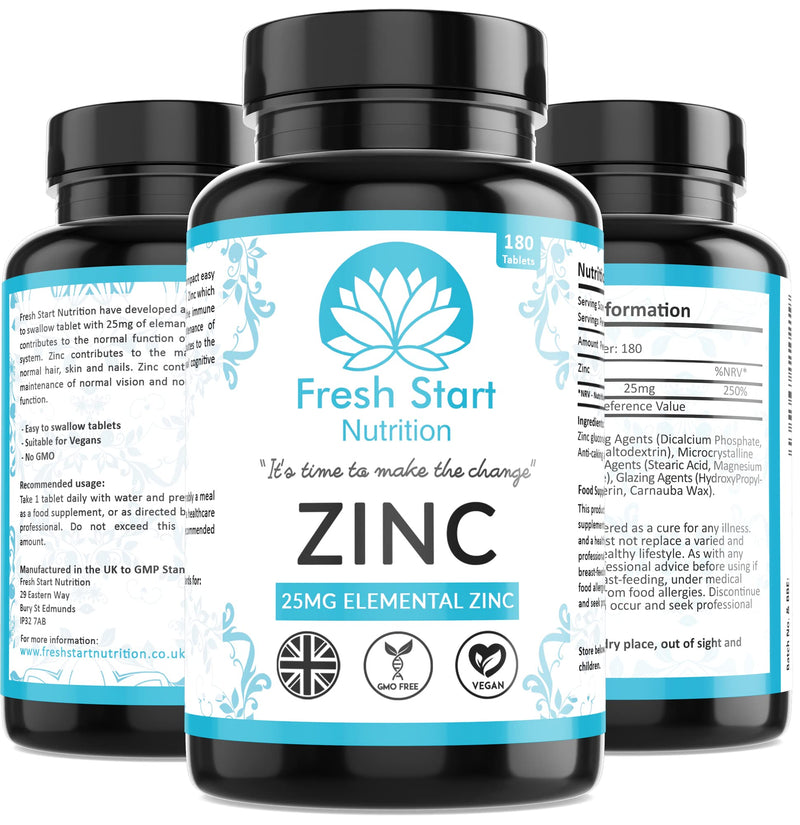 Zinc Tablets 25mg � Zinc Tablets High Strength for Maintenance of Normal Immune System, Hair, Skin, Nails & Bones Zinc Supplements - 180 Vegan Tablets � Made in The UK by Fresh Start Nutrition - BeesActive Australia