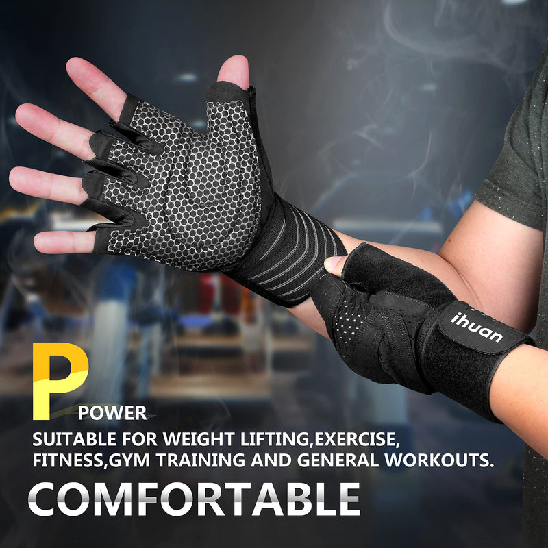 ihuan Ventilated Weight Lifting Gym Workout Gloves with Wrist Wrap Support for Men & Women, Full Palm Protection, for Weightlifting, Training, Fitness, Hanging, Pull ups Black Large - BeesActive Australia