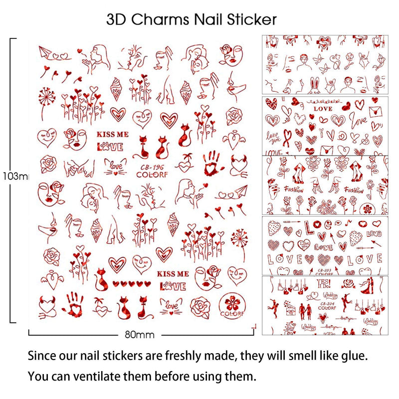 Cmaone Valentine's Day Nail Art Decals 3D Nail Self-Adhesive Stickers Red Metal Heart Roses Love Design Nail Stickers Decoration for Women Girls Kids DIY Dating Nail Art Design - BeesActive Australia