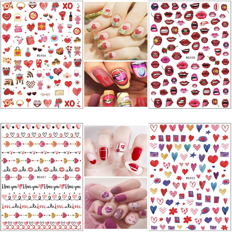 Valentine's Day Nail Art Stickers 3D Nail Decals Self-Adhesive Sexy Lips XO Love Kiss Heart Design Nail Sticker Romantic Valentines Nail Decorations Supplies for Women Girls Manicure Arts (8 Sheets) 8 Sheets - BeesActive Australia