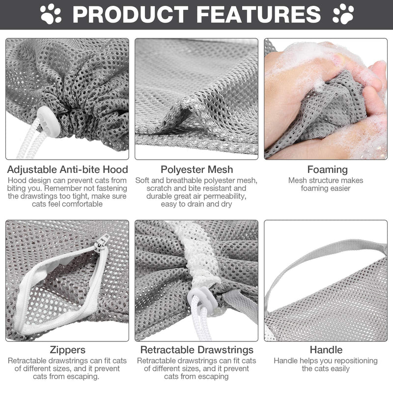 Cat Shower Net Bag Cat Grooming Bathing Bag Adjustable Cat Washing Bag Multifunctional Cat Restraint Bag Prevent Biting Scratching for Bathing, Nail Trimming, Ears Clean, Keeping Calm Grey - BeesActive Australia