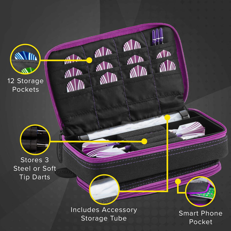 [AUSTRALIA] - Casemaster Plazma Plus, 3 Dart Case for Soft and Steel Tip Darts Features Large Front Mobile Device Pocket, Built-in Storage Tube and Pockets for Flights, Tips, Shafts, and Personal Items Amethyst Trim 