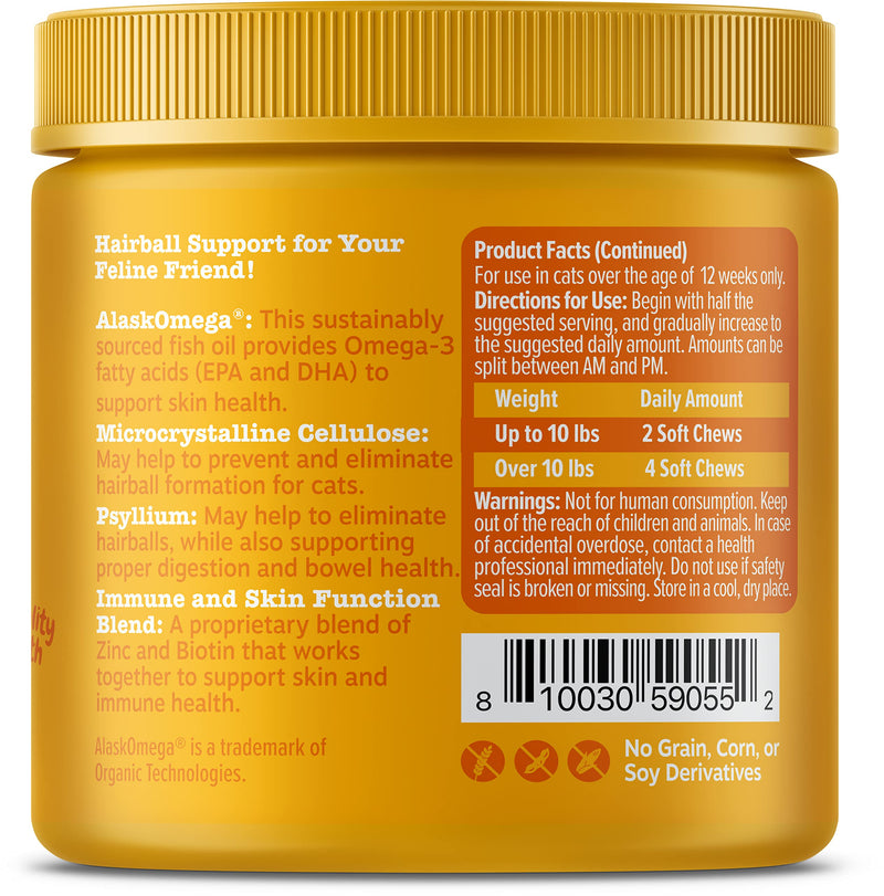 Zesty Paws Hairball Bites for Cats - Cat Furball Control - Functional Supplement with Omega 3 Fish Oil EPA & DHA + Mineral Oil, Zinc, Biotin & Psyllium Husk - Supports Gut & Skin Health - 60 Count - BeesActive Australia