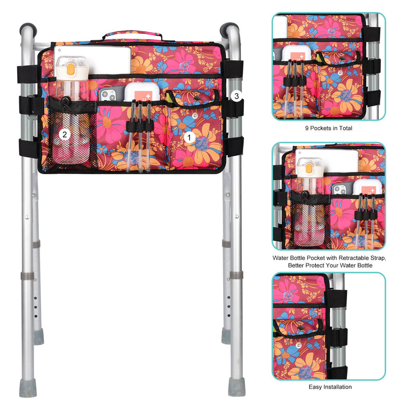 supregear Double Side Walking Frame Bag, Walker Basket with 9 Pockets and Large Compartment for Walker Rollator Wheelchair, Water Resistant Walker Organizer Pouch with Handle and Cup Holder (Floral) Floral - BeesActive Australia