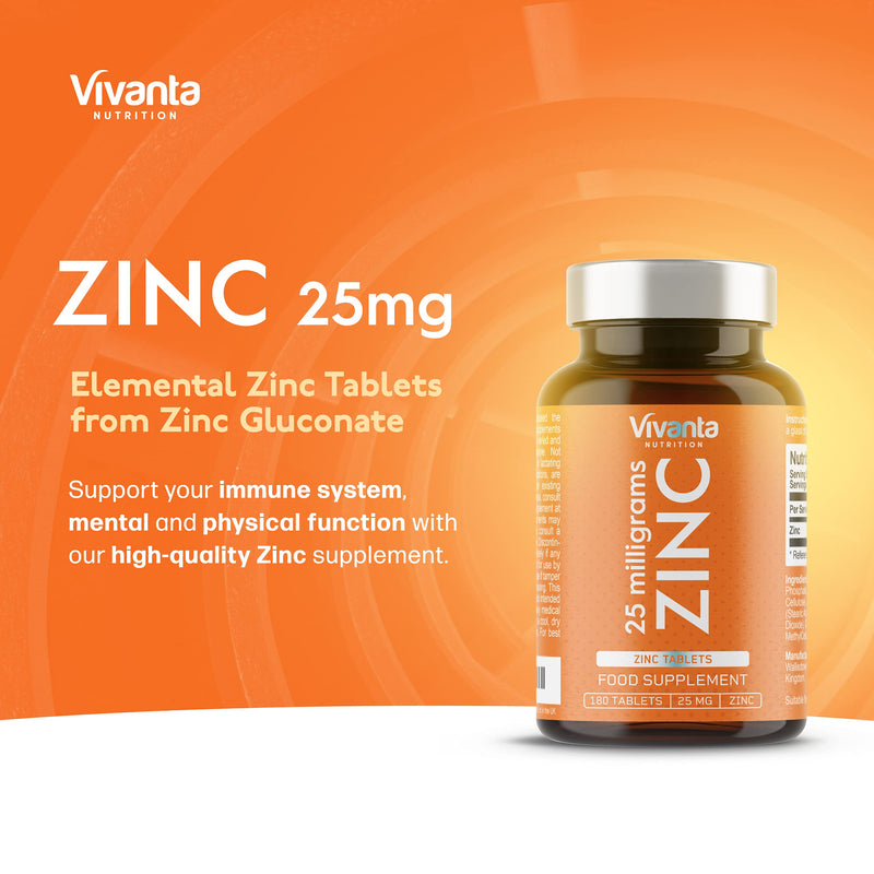 Zinc Tablets 25mg by Vivanta Nutrition - High Strength Zinc Supplement - 180 x Easy Swallow 25mg Elemental Zinc Tablets from Zinc Gluconate - BeesActive Australia