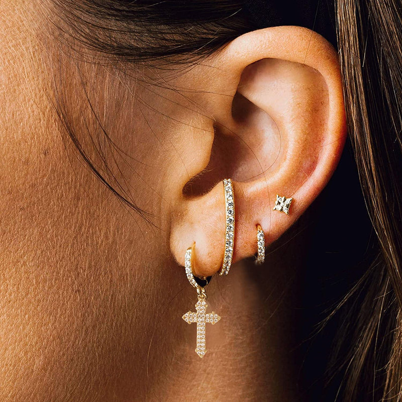 GOVENUS 14K Gold Plated Cubic Zirconia Dainty Lightweight Huggie Hoop Earrings With Dangle Drop Earrings for Women Girls Jewelry Gift Cross-Gold - BeesActive Australia