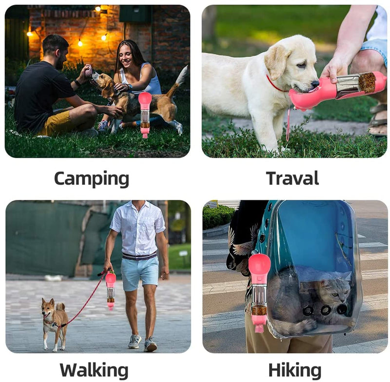 Portable 4in1 Pet Dog Water Bottle with Food Storage, Poop Bag Dispenser and Scoop Pink - BeesActive Australia