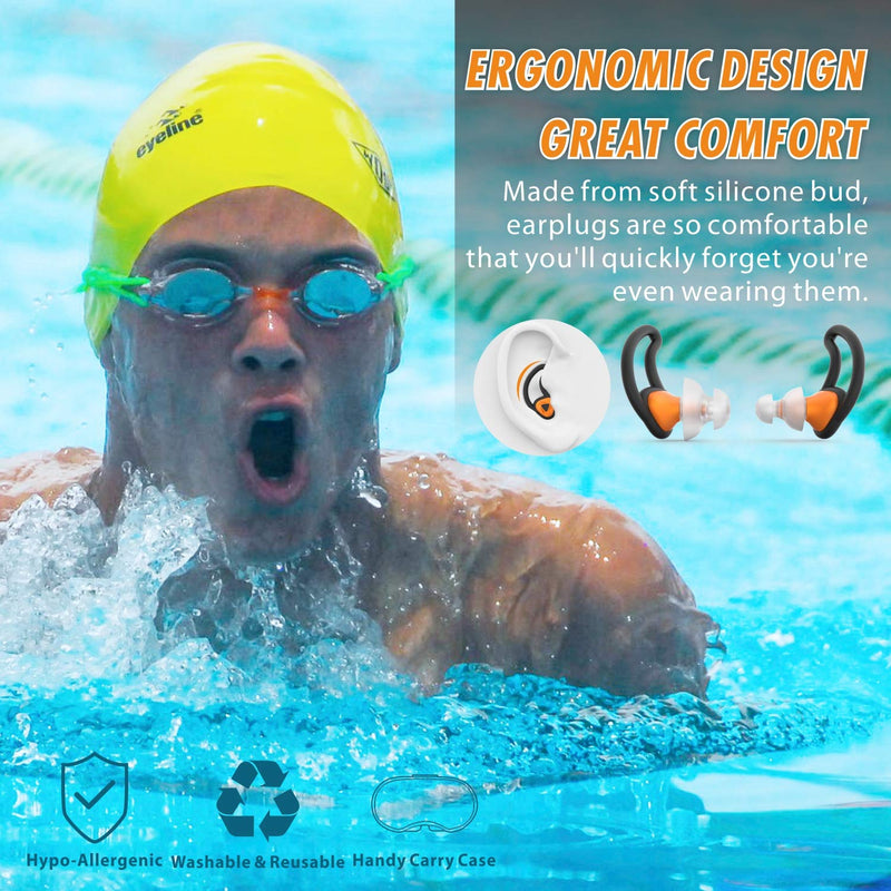 [2 Pairs] Ear Plugs for Swimming, Hearprotek Swim Ear Plugs Adults-Waterproof Silicone Water earplugs for Men Women Juniors Swimmers Pool Shower Bathing (Orange) Orange - BeesActive Australia