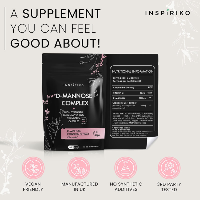 D Mannose 1000Mg Tablets Complex – 3-in-1 D-mannose Capsules with High-Strength D mannose Powder, Cranberry Extract & Vitamin C – Preventative Urinary Tract & Bladder Care for Women, 60 Capsules 60 Count (Pack of 1) 60.0 - BeesActive Australia