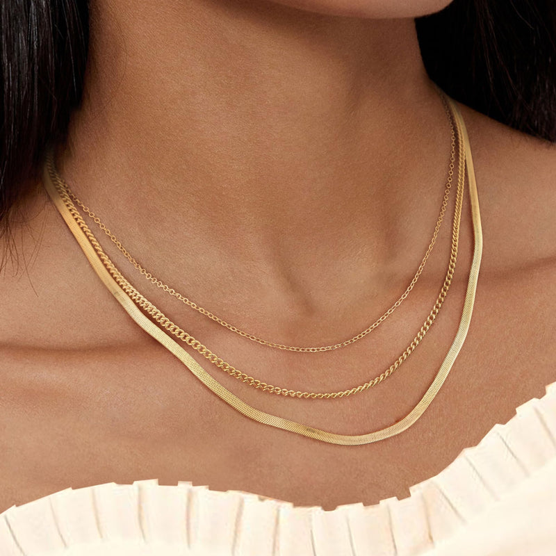 Risamil Gold Necklace for Women, 14K Gold Plated/Silver Layered Necklaces for Women, Dainty Gold Necklace Set Chain Choker Necklace Gold Jewelry Gift for Women and Girls 3 Layered O Chain/Cuban/ Herringbone - BeesActive Australia