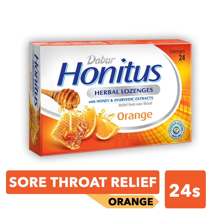 Dabur Honitus Herbal Lozenges | Effective Relief from Cough & Sore Throat Pain | Orange Flavor - 24 Lozenges - BeesActive Australia