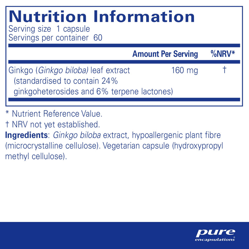 Pure Encapsulations - Ginkgo 50 160mg - Hypoallergenic Ginkgo Biloba Extract Phytonutrient Supplement - 60 Capsules - BeesActive Australia