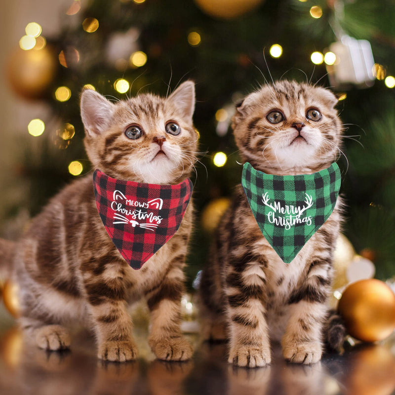 ADOGGYGO Christmas Cat Collars Breakaway with Bell, 2 Pack Adjustable Cat Bandana Collar with Merry Christmas Pattern, Red Green Plaid Cat Christmas Collars for Cats Kittens - BeesActive Australia
