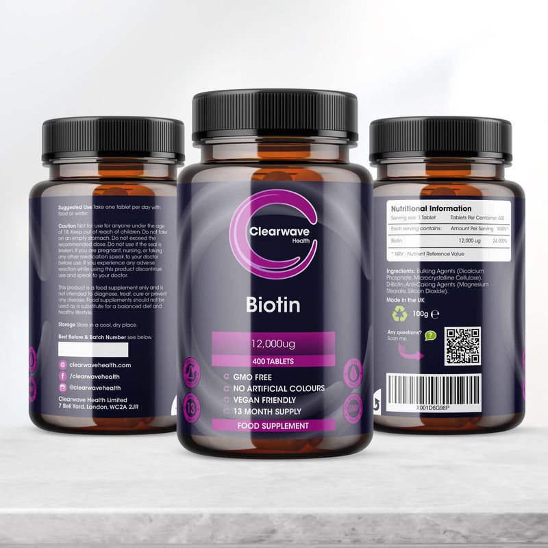 Biotin Hair Growth Supplement - 12,000mcg High Strength - 400 Tablets (13 Month Supply) - Vegan - Made in The UK by Clearwave Health - BeesActive Australia