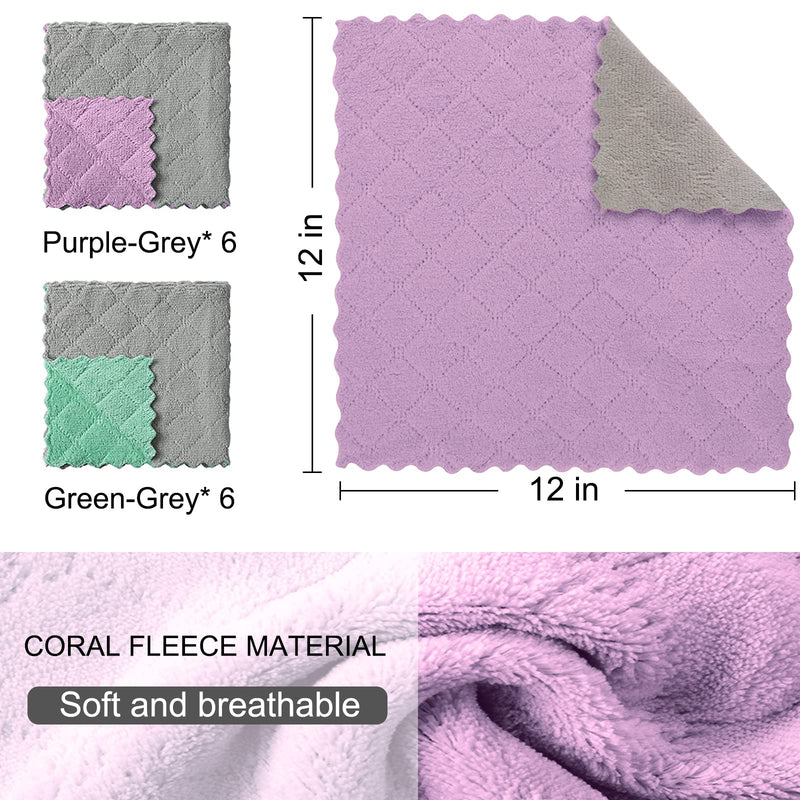 BUEDM 12 Pack Kitchen Cloth Dish Towels, 12x12 inch Soft Premium Dishcloths, Absorbent Microfiber Cleaning Cloth for Cleaning Dishes, Kitchen, Bathroom, Car Purple Green Gray - BeesActive Australia