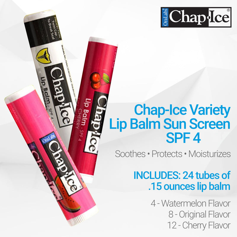 Chap-Ice Assorted Lip Balm – Watermelon, Original & Cherry Flavors – 24-Count Refill Pack Refill (NO display) - BeesActive Australia