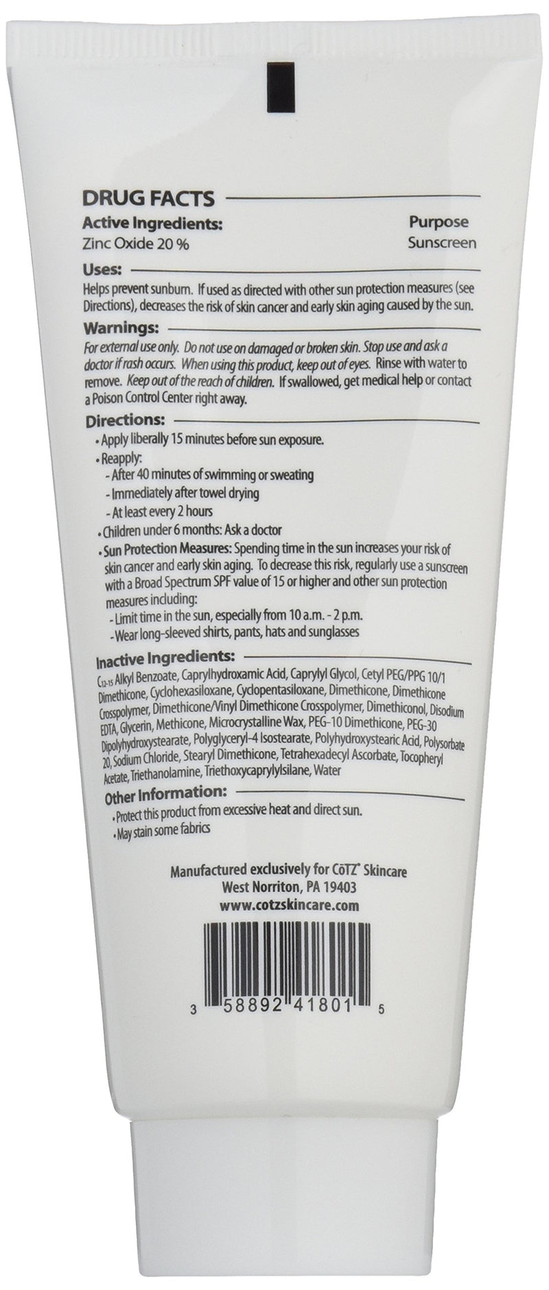 COTZ Sensitive Non-Tinted Zinc Oxide Mineral Sunscreen for Body and Face; Broad Spectrum SPF 40; 3.5 oz / 100 g - BeesActive Australia