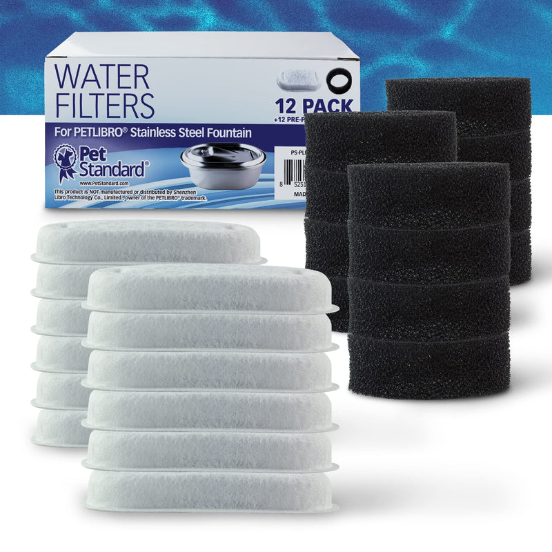PET STANDARD Replacement Water Filter & 12 Pack Replacement Pre-Filter Sponges Compatible with PETLIBRO® Stainless Steel Pet Water Fountain Model #PLWF003, 67oz/2L, Cat Water Fountain Pack of 12 - BeesActive Australia
