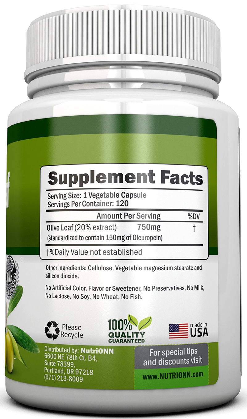 Olive Leaf Extract - 750 Mg - 120 Capsules - Extra Strength - 20% Oleuropein - Non-GMO Formula - Premium Quality From Pure Olive Leaves - Powerful Antioxidant - Great for Heart, Skin and Immune System - BeesActive Australia