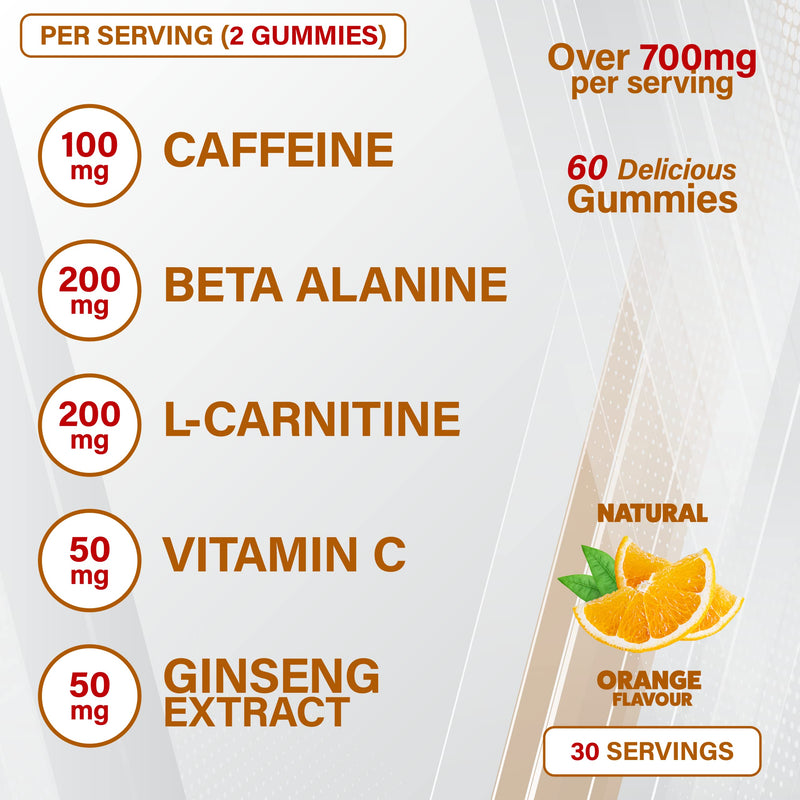 Energy Boost - Pre Workout, Caffeine, Ginseng, VIT C, L-Carnitine, Beta-Alanine, Chewable Gummies for Men & Women - 60 Gummies - 700mg Active per Serving - Orange Flavour, Suitable for Vegans - BeesActive Australia