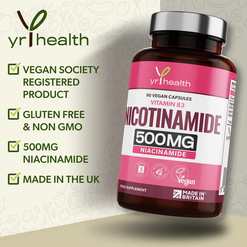 Vitamin B3 Nicotinamide, Niacinamide 500mg - 90 Vegan Niacin B3 Capsules Flush Free, for Skin, Energy Yielding Metabolism, Tiredness & Fatigue, One A Day, 3 Months Supply - Made in The UK by YrHealth - BeesActive Australia