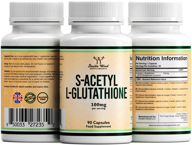 Double Wood Glutathione Supplement | 90 S-Acetyl L-Glutathione Capsules - 100mg per Serving | L Glutathione Antioxidant Supplement | Non-GMO & Gluten Free 90 Capsules - BeesActive Australia