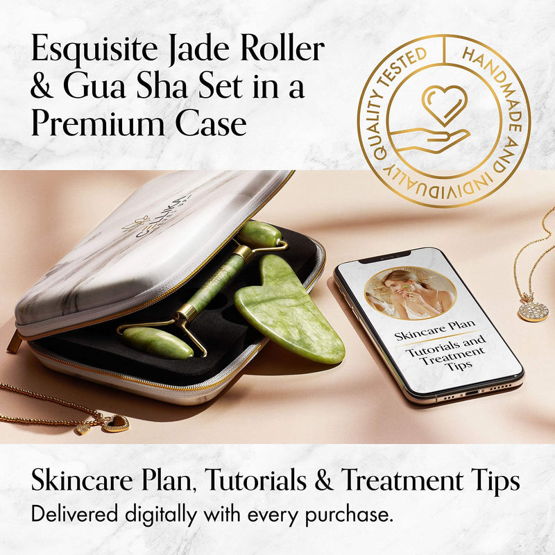 Xiuyan Jade Roller and Gua Sha Set with Shockproof Travel Case - Face Roller Skin Care Tool, Cellika Real Jade Roller for Face, Eyes, Neck & Body - Facial Roller Tutorial & Skincare Plan Included - BeesActive Australia