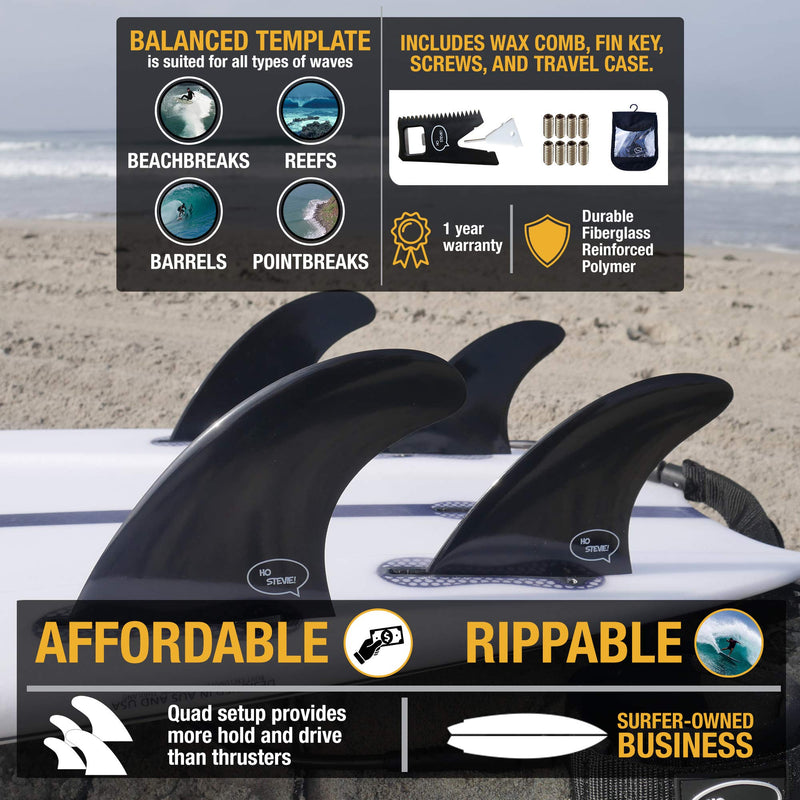 Ho Stevie! Fiberglass Reinforced Polymer Surfboard Fins - Quad (4 Fins) Twin Tab or Single Tab Sizes, with Fin Bag, Screws, Wax Comb and Fin Key Aqua - BeesActive Australia
