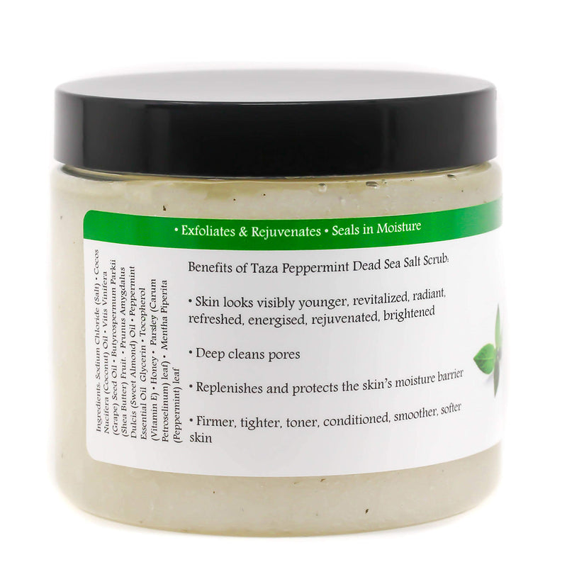 Premium Taza Peppermint Dead Sea Salt Scrub, 473 ml 24 oz (670 g) ♦ Leaves Skin Soft and Hydrated ♦ Contains: Coconut Oil, Shea Butter, Grapeseed Oil, Sweet Almond Oil, 26 Minerals - BeesActive Australia