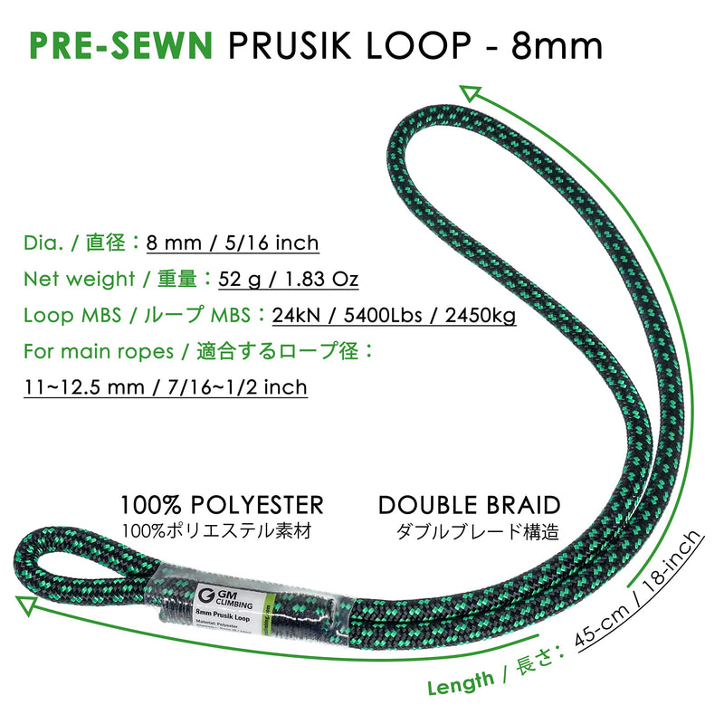 GM CLIMBING 8mm (5/16") Prusik Loop Pre-Sewn 18 inches / 24 inches Black-18 inch | One Unit - BeesActive Australia