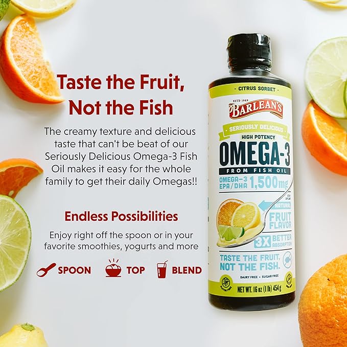Barlean's, Seriously Delicious, Omega-3 Fish Oil, Citrus Sorbet, 16oz (454g) - BeesActive Australia