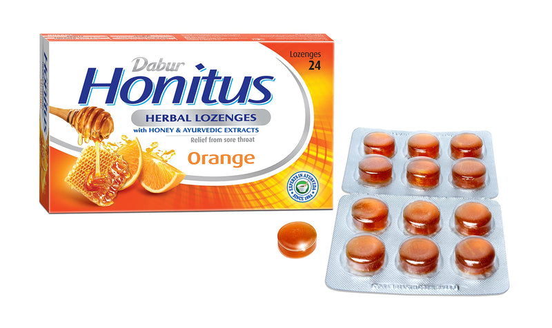Dabur Honitus Herbal Lozenges | Effective Relief from Cough & Sore Throat Pain | Orange Flavor - 24 Lozenges - BeesActive Australia