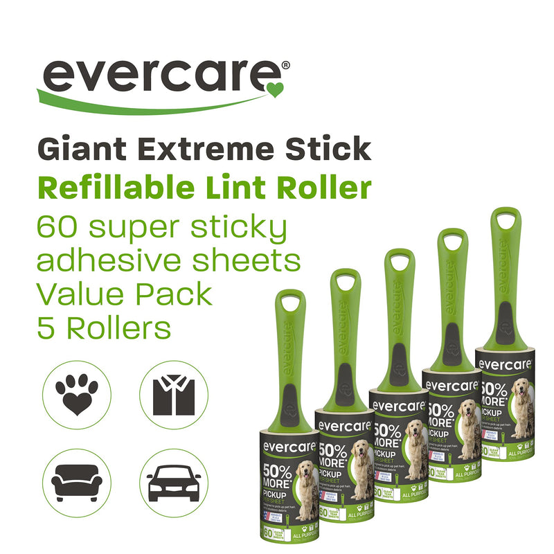 Evercare Value Pack of 5 All Purpose Stick Pet Hair Lint Rollers, 60 Sheets Each, Total 300 Sheet 5-Pack (300 Sheets) - BeesActive Australia