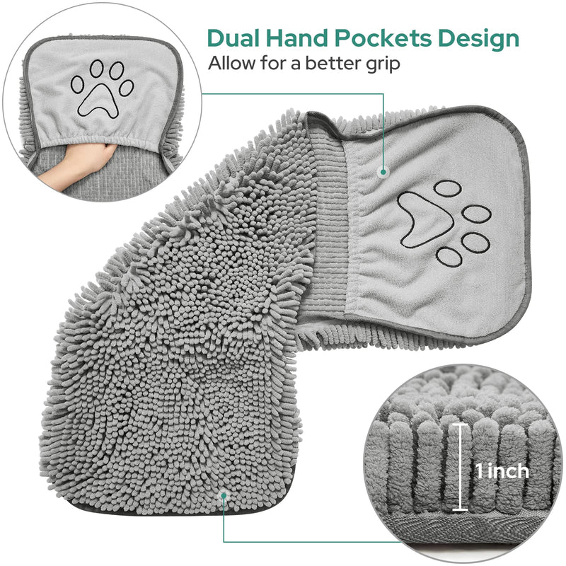 HOMEIDEAS 2 Pack Dog Towels Set-Chenille Shammy Towel and Microfiber Dog Towels for Drying Dogs, Super Absorbent Dog Bath Towel with Hand Pockets, Soft Pet Drying Towel for Dogs, Cats, and Other Pets - BeesActive Australia