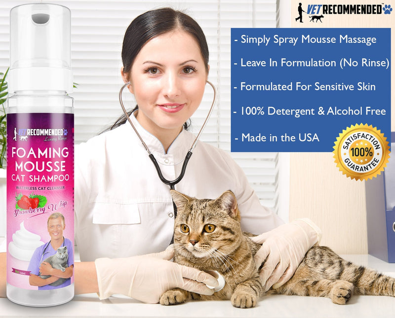 Vet Recommended Waterless Cat Shampoo Foaming Mouse - Strawberry Patch Scent (8 Oz/240 ml). for Sensitive Skin, Detergent and Alcohol Free. Helps in Cleaning, Conditioning & Moisturizing. Made in USA - BeesActive Australia