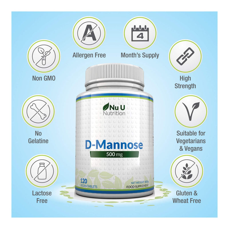 D-Mannose Tablets 500mg - 120 Vegan Tablets - 4 Month Supply - High Strength D Mannose - Not Capsules or Powder - Made in The UK - BeesActive Australia