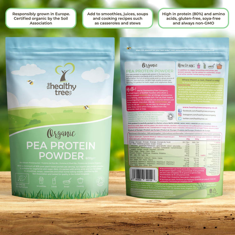 Organic Pea Protein Powder - European Vegan Protein Powder by TheHealthyTree Company for Muscle Growth & Recovery - Non-GMO, Keto and Gluten-Free - Natural Unflavoured Pea Protein (600g) 600 g (Pack of 1) - BeesActive Australia