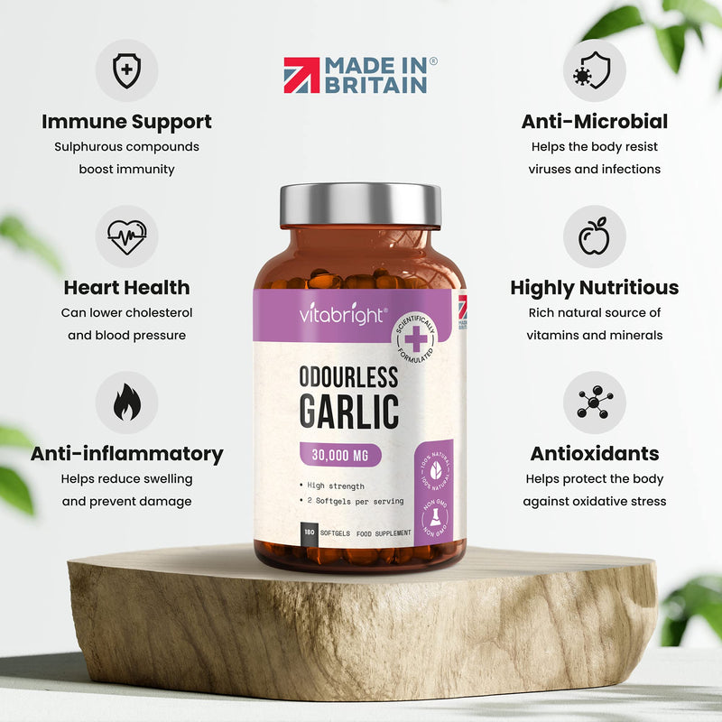 Odourless Garlic Capsules - High Strength 30,000mg - 180 Deodourised Garlic Oil Softgels � High in Allicin Garlic Supplement - 100% Natural Cold Pressed Garlic Tablets � Immune Support - Made in UK - BeesActive Australia