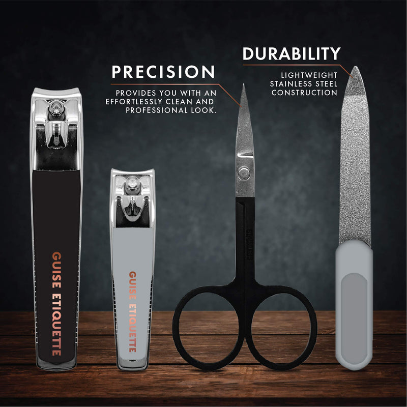 GUISE ETIQUETTE - Men's 4 Piece Nail Essentials Gift Set | Contains Grooming Scissors, Heavy Duty Toenail Clippers, Compact Nail Clippers & Nail File | Premium Stainless Steel with Rubberized Grips - BeesActive Australia