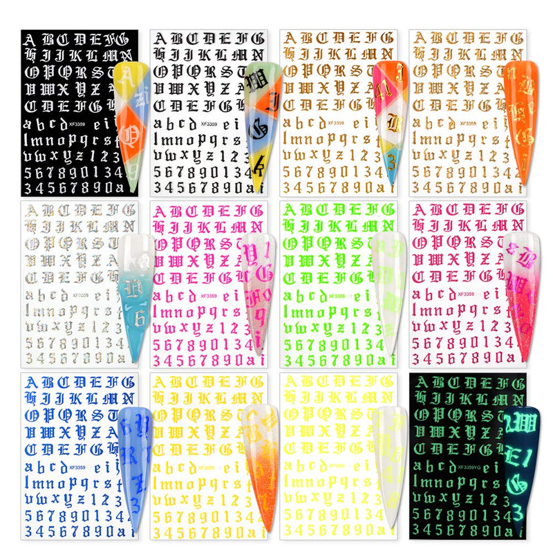 Letter Nail Art Sticker Letter Decals for Nails Holographic Old English Numbers Alphabet Nail Decals Character Letter for Women Girls DIY Manicure Tips Nails Art Decoration (12 Sheets) Old English Letter Numbers - BeesActive Australia