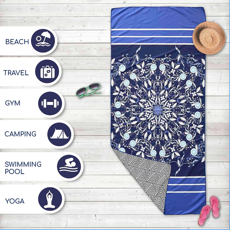 Microfiber Beach Towel for Travel - Oversized XL 78 x 35 Inch Lightweight, Quick Dry, Sand Free, Extra Large Towels & Blanket - Perfect for Swimmers, Camping, Gym,Yoga Blue Flower EXTRA LARGE (78X35-INCH) - BeesActive Australia
