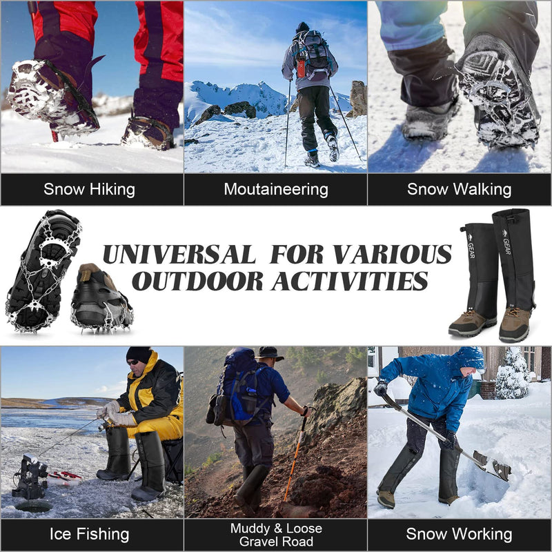 Odoland Crampons Ice Cleats Traction Snow Grips with Leg Gaiters for Men Women, 21 Stainless Steel Spikes for Boots Shoes, Anti Slip Safe Protect Ice Grips for Walking Hiking Climbing Mountaineering Black Large - BeesActive Australia