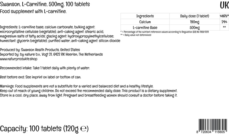 Swanson, L-Carnitine (L-Carnitine-Base), 500mg, 100 Vegan Tablets, High-Dose, Lab-Tested, Vegetarian, Soy-Free, Gluten-Free, Non-GMO - BeesActive Australia