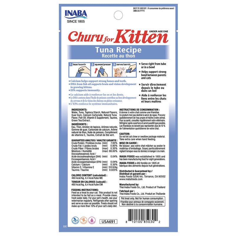 INABA Churu for Kittens, Grain-Free Creamy, Purée Lickable Cat Treats with DHA, EPA, Vitamin E & Taurine, 0.5 Ounces Each, 24 Tubes (4 per Pack) Tuna Recipe - BeesActive Australia