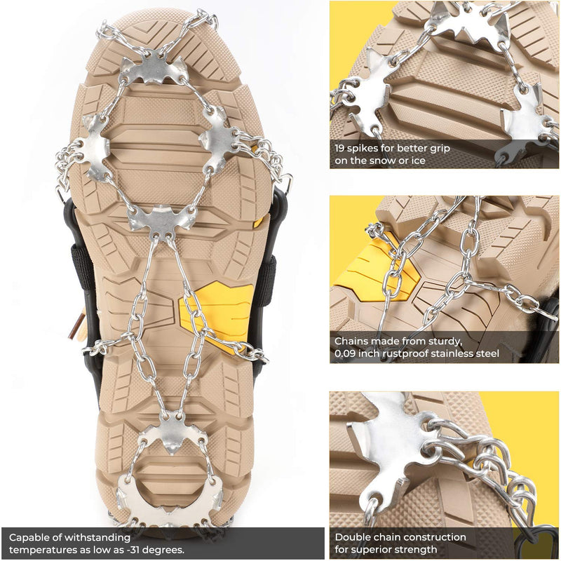 Crampons for Hiking Boots and Snow Shoes, Sportneer 19 Spikes Stainless Steel Anti-Slip Climbing Crampons, Boot Chains and Footwear Traction Microspikes for Hiking Walking Mountaineering Climbing Black X-Large - BeesActive Australia