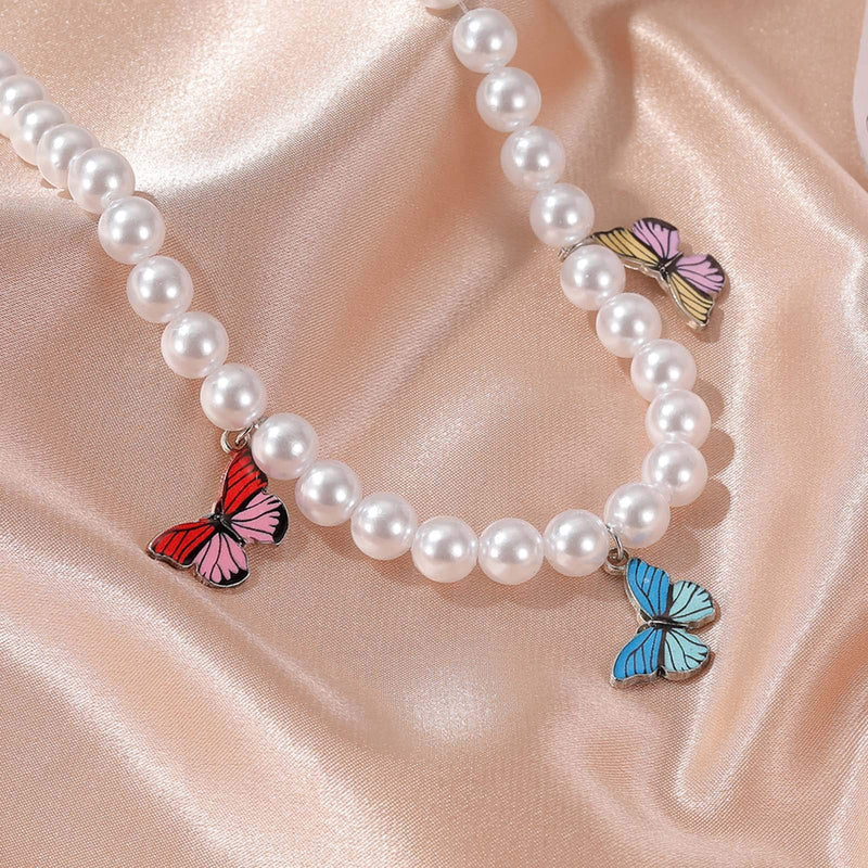 Butterfly Faux Pearl Strands Pendant Necklace Artificial Pearl Beads Papillon Chain Jewelry Silver Plated for Women Girls - BeesActive Australia