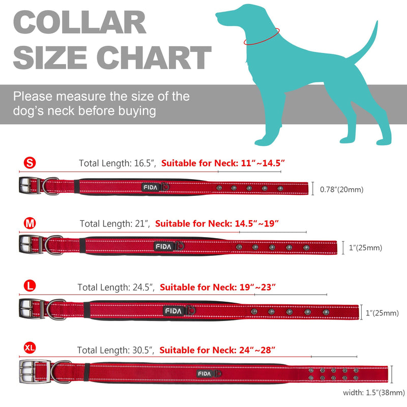 Fida Heavy Duty Dog Collar, Ultra Comfortable Soft Neoprene Padded, Adjustable Reflective Nylon Pet Collar with Durable Metal Belt Buckle for Small/Medium/Large/X-Large Breeds Medium(14.5"-19") Red - BeesActive Australia